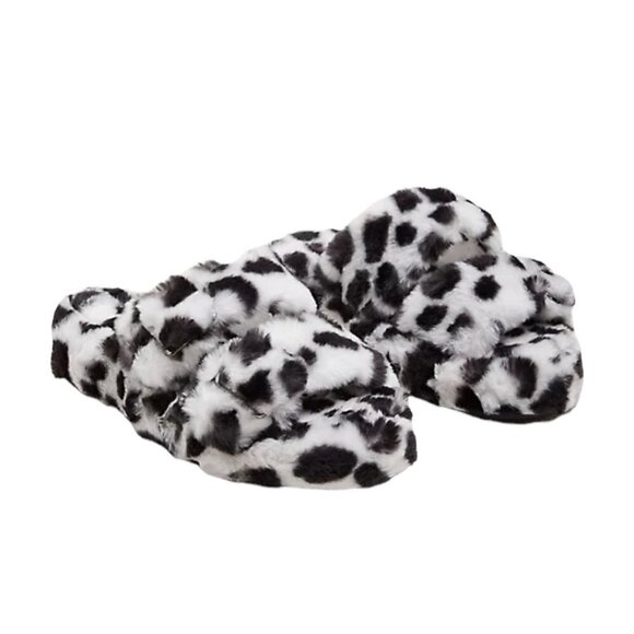 Torrid Women's New Black White Leopard Double Band Faux Fur Slippers 9 WW - Picture 1 of 8